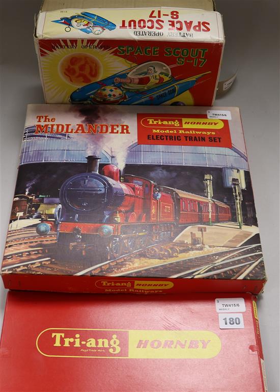 A Japanese tinplate model, Space Scout S-17, a Hornby Midlander train set and Hornby track (all boxed)